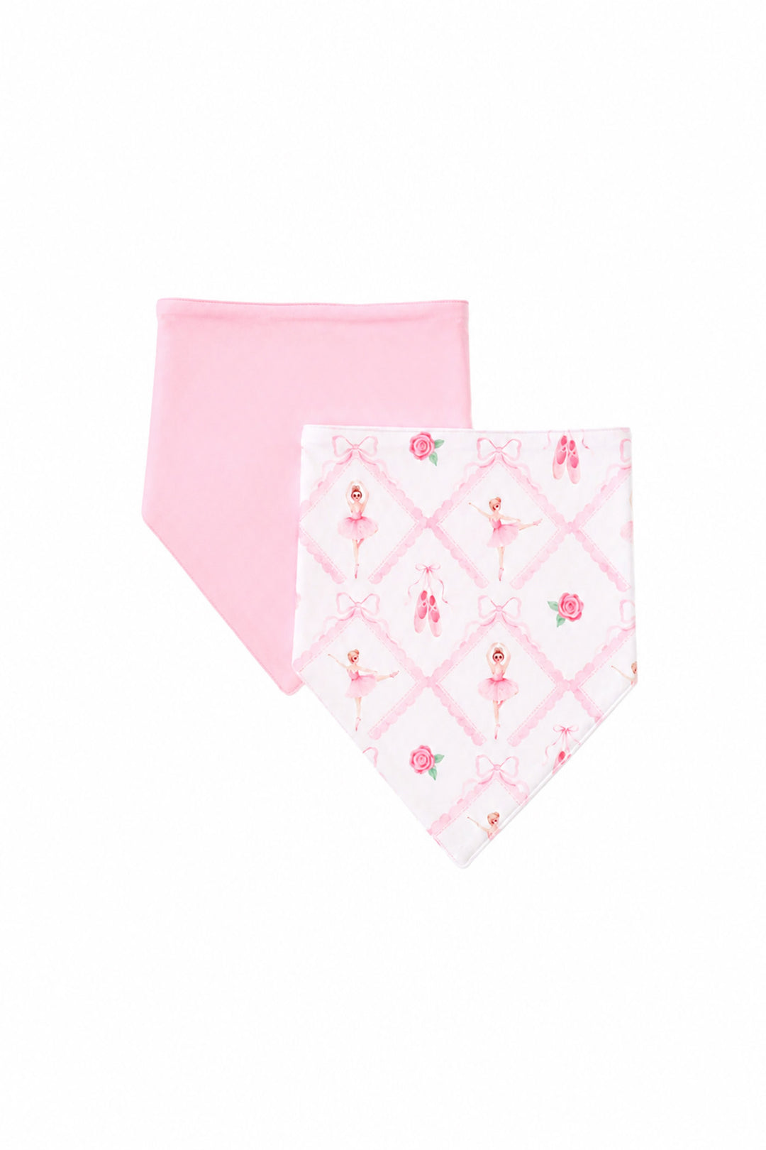 A pink bandana-style pet collar with a white patterned flap featuring a pink diamond lattice, bows, and ballerina figures, shown on a plain white background.