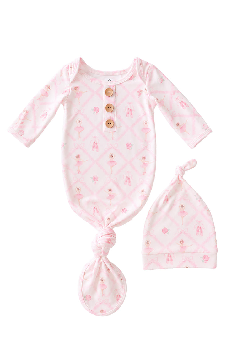 Caden Lane ballerina and roses pink print knotted gown with matching hat