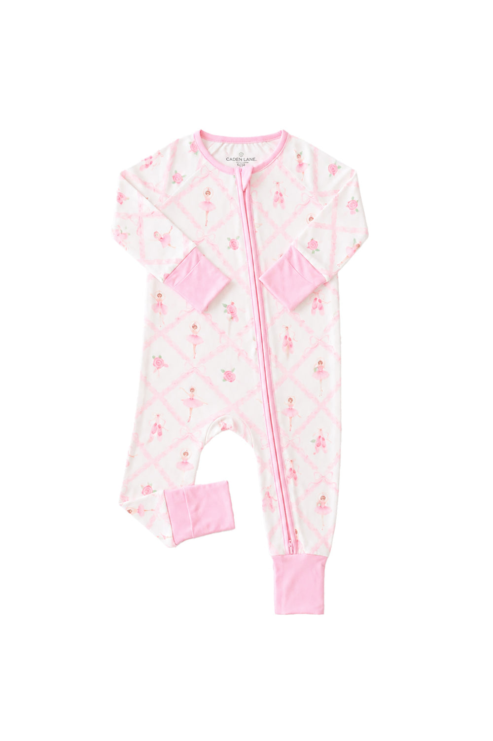 Caden Lane ballerina and roses pink print zip-up romper with pink cuffs