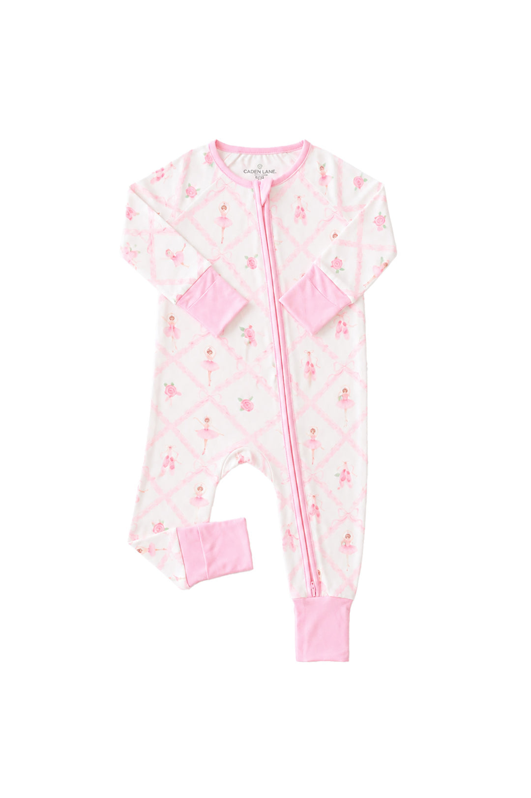 Caden Lane ballerina and roses pink print zip-up romper with pink cuffs