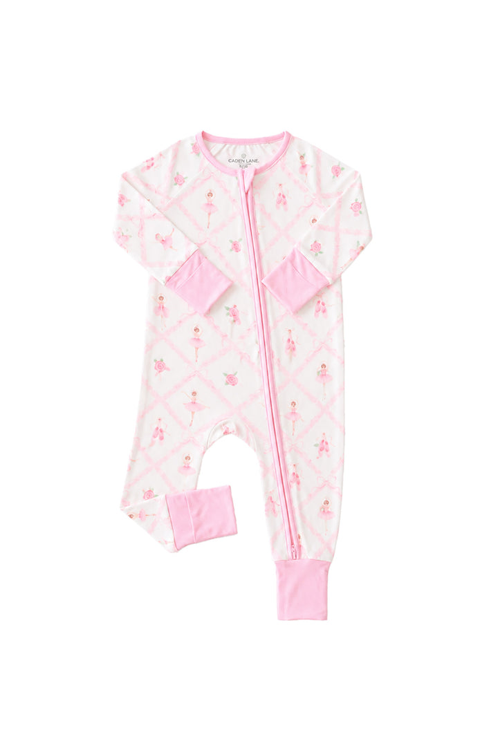 Caden Lane ballerina and roses pink print zip-up romper with pink cuffs