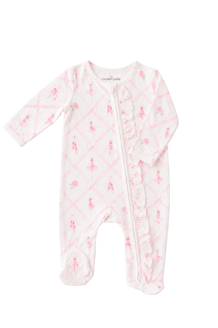 Caden Lane ballerina and roses pink print ruffle footie