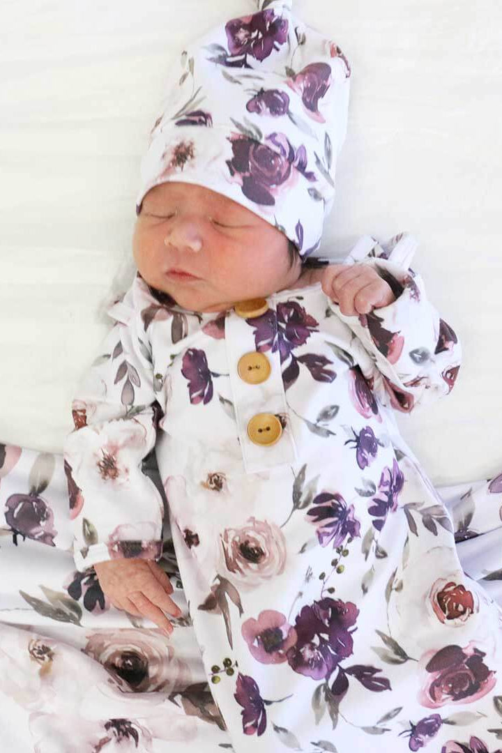 baby knot gown purple flowers