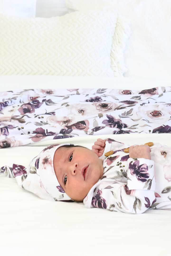 newborn knot gown with hat set dusty purple flowers