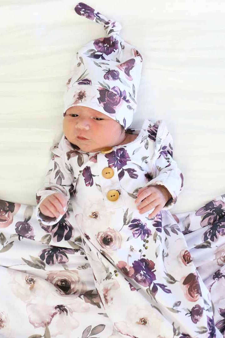 dusty purple floral knot gown and hat set 