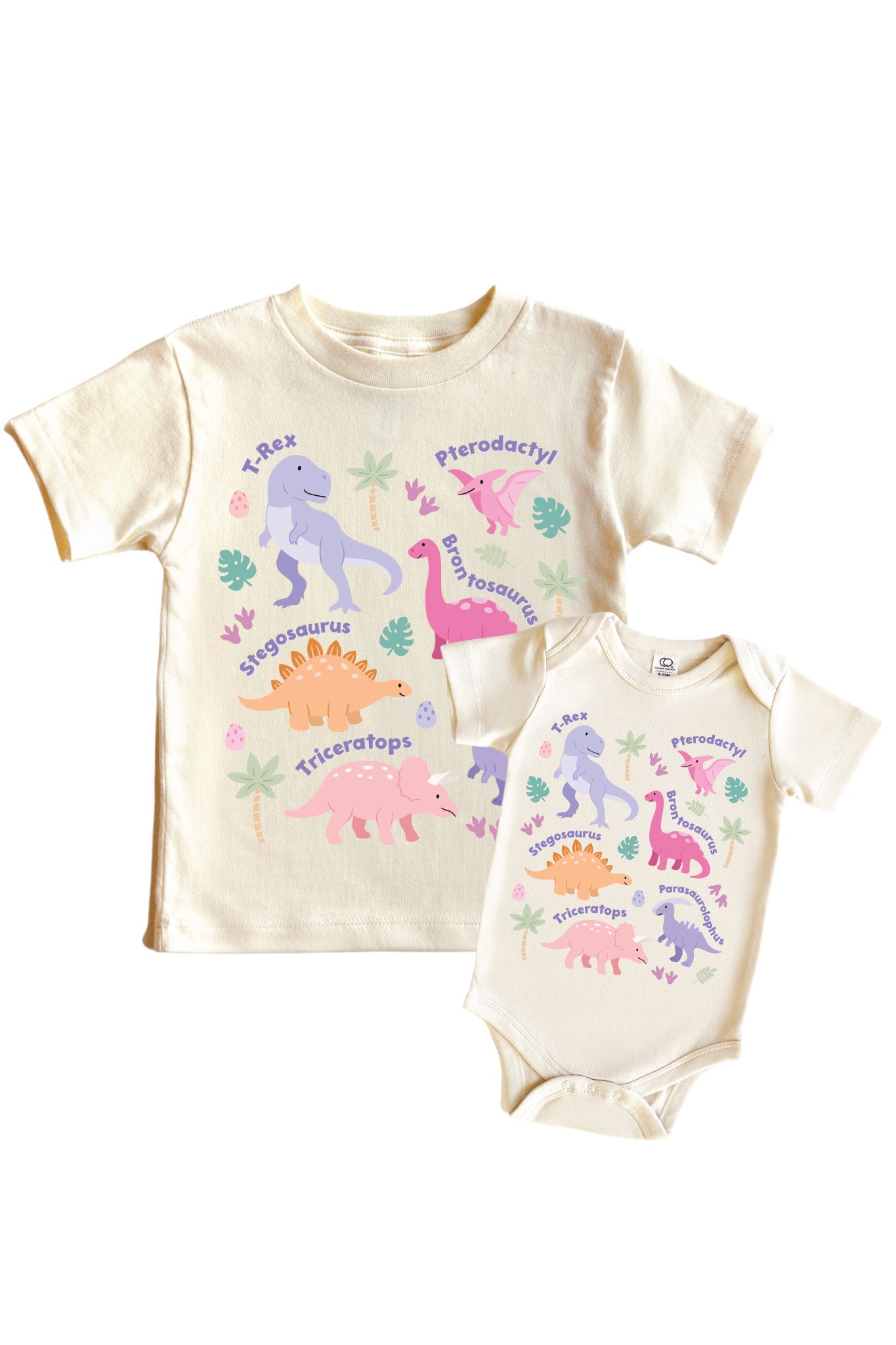 Dino Names Pink Graphic Bodysuit & Kids Tee | Natural