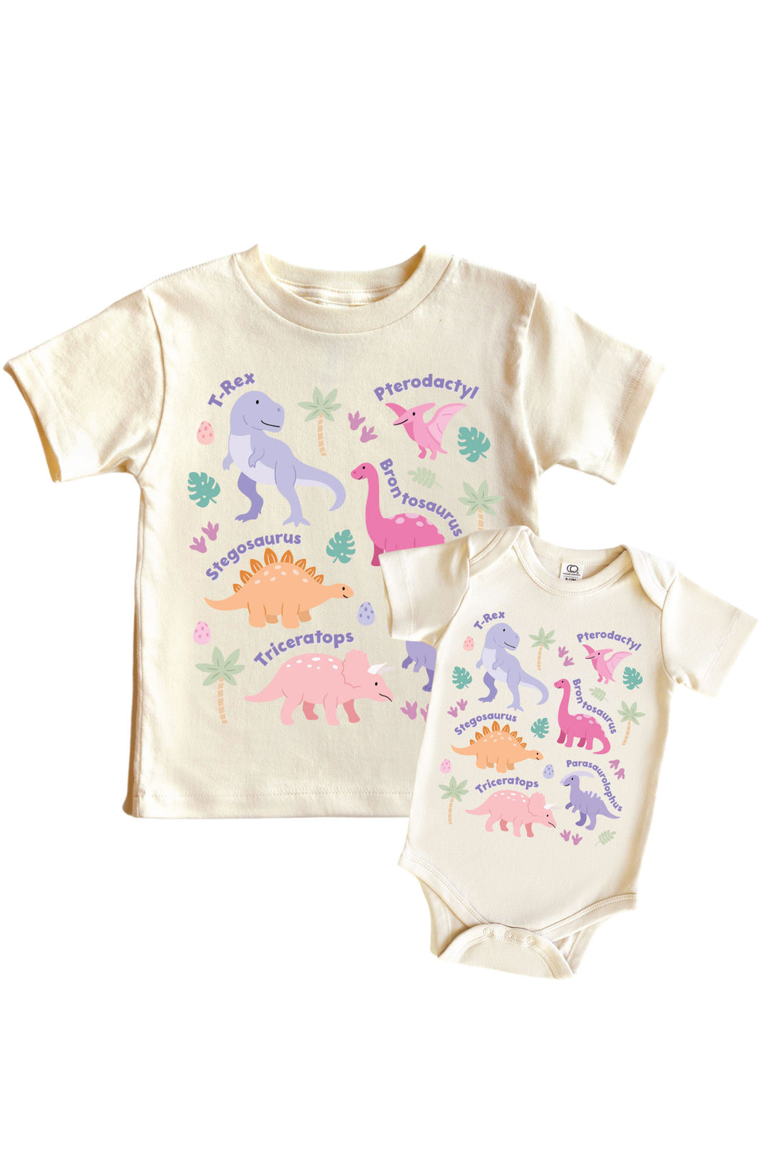 Natural cream kids tee and baby bodysuit set with multiple named pastel dinosaurs including T-Rex, Pterodactyl, Brontosaurus, Stegosaurus, and Triceratops in pink and purple with leaf accents