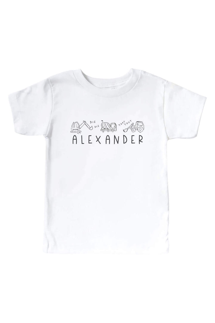 personalized graphic white tee with construction truck doodle print