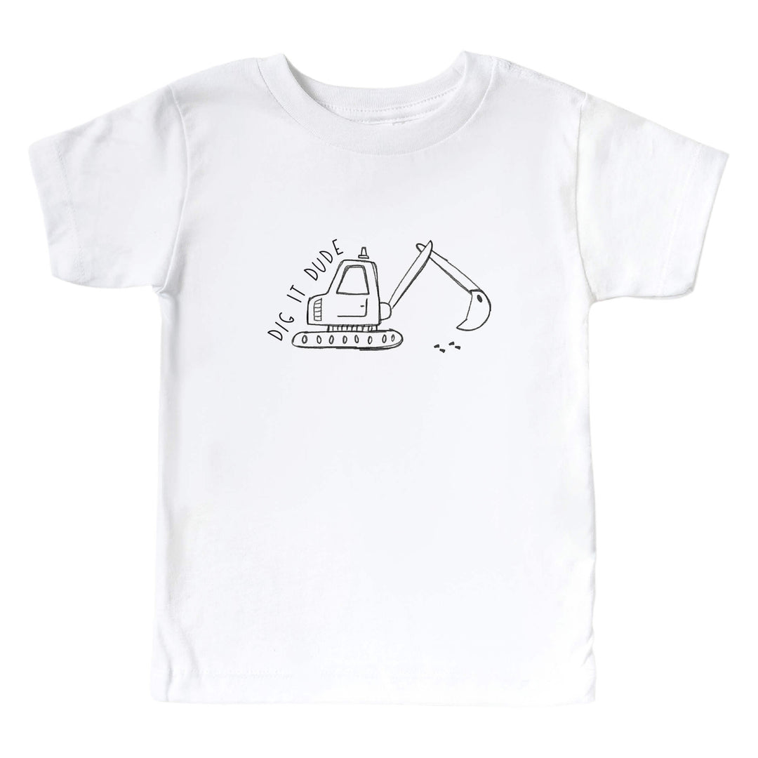 graphic white tee with construction truck doodle print for boys