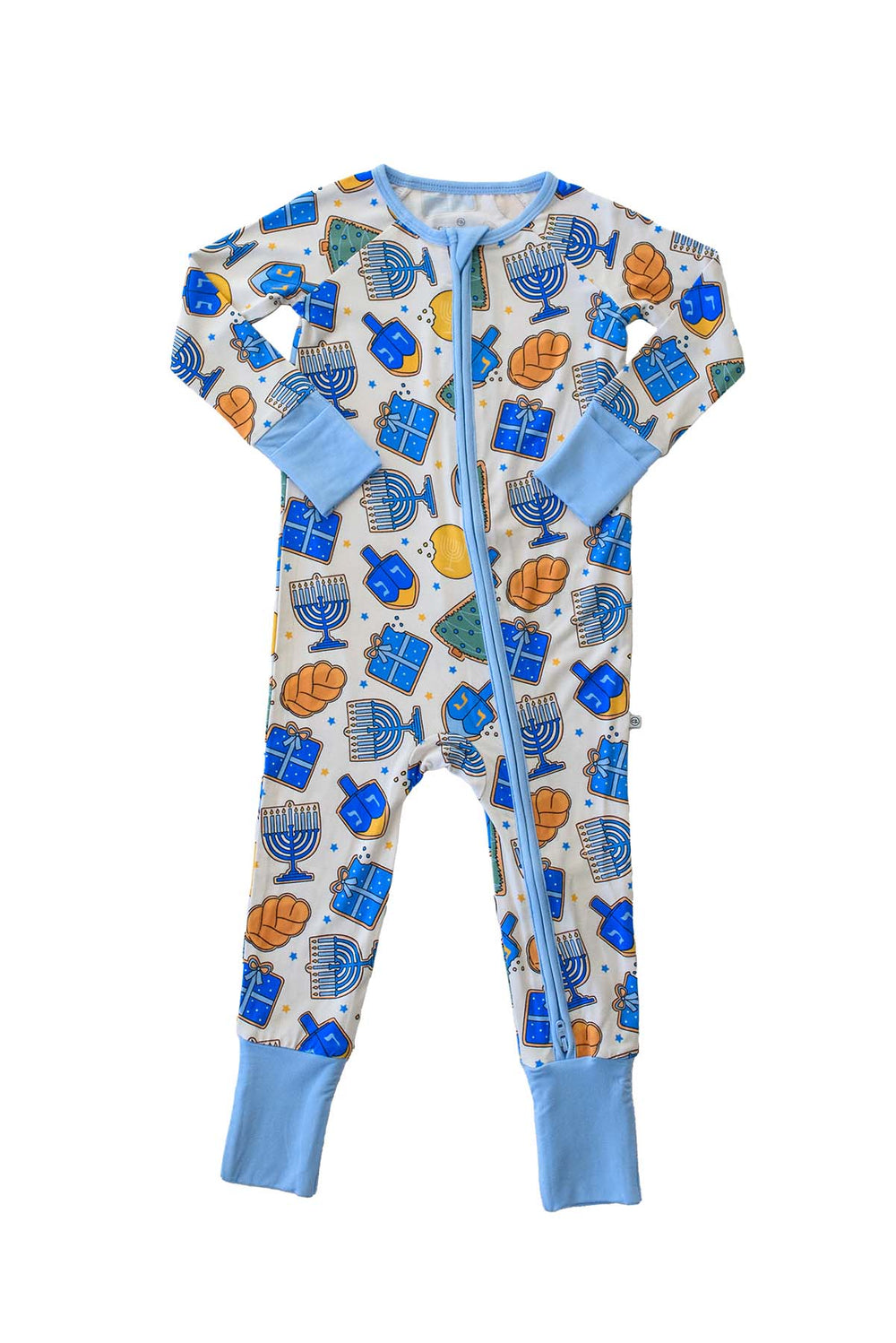 Caden Lane baby Hanukkah zip-up pajama romper with blue trim and festive menorah, dreidel, gift, challah, and gelt print.