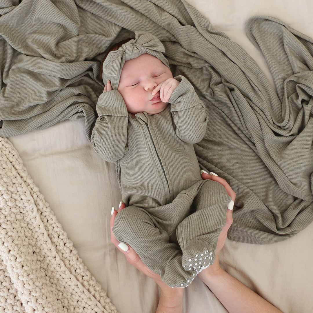 eucalyptus green bamboo waffle zipper footie 