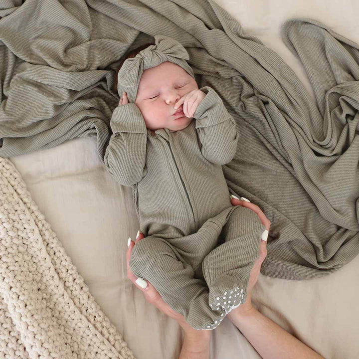 eucalyptus green bamboo waffle zipper footie 