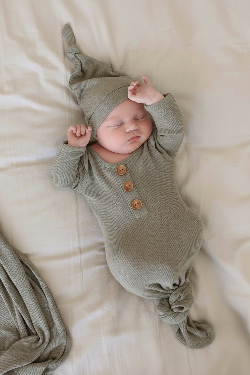 Eucalyptus Bamboo Waffle Newborn Baby Knot Gown & Hat Set