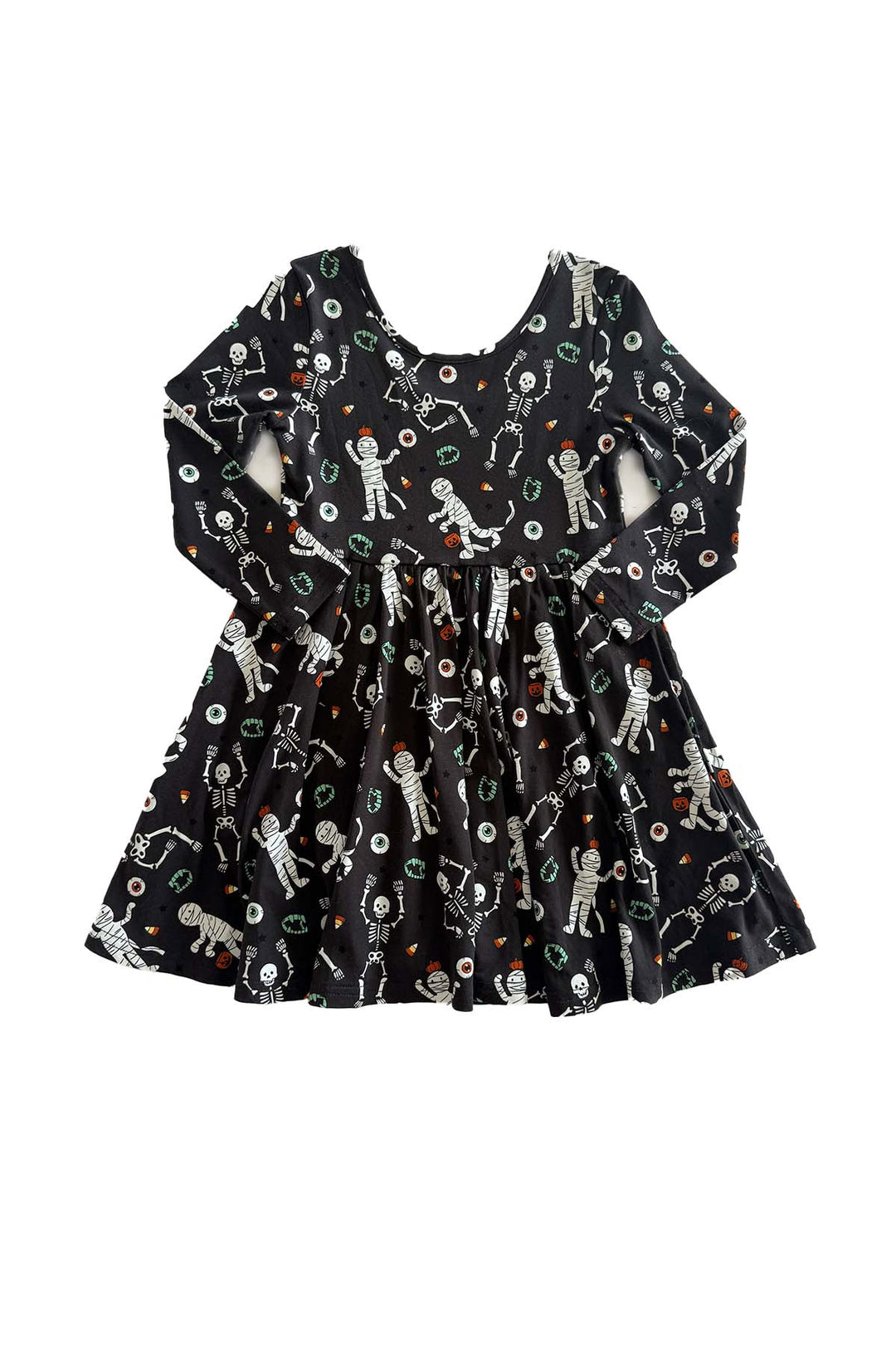 Caden Lane black long-sleeve Halloween dress with a twirl skirt, featuring a white skeleton, mummy, and candy corn print