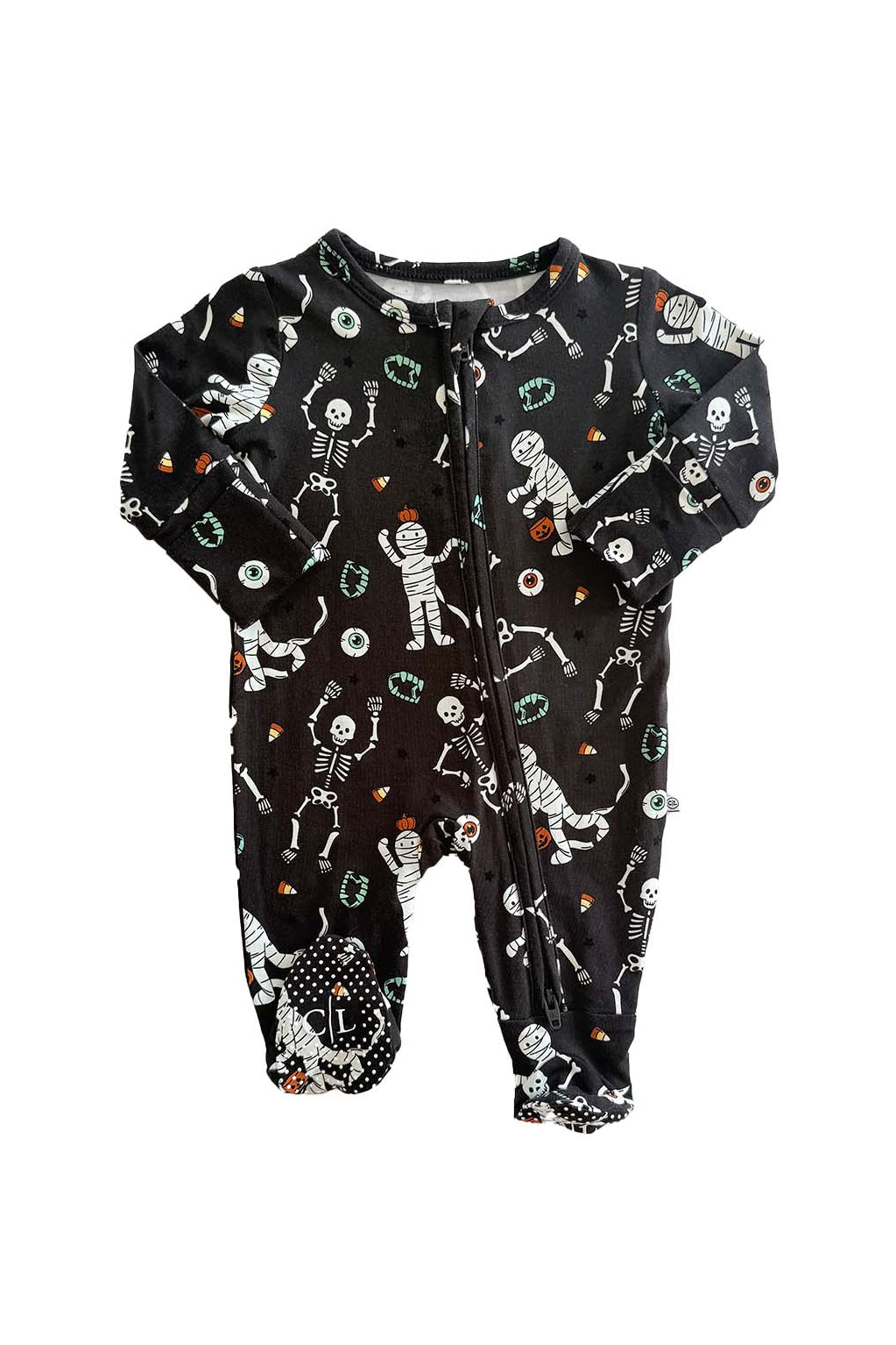 Caden Lane black skeleton and mummy print footie