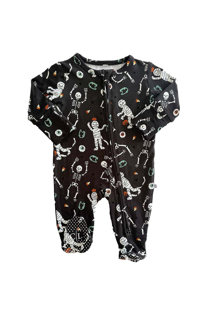Caden Lane black skeleton and mummy print footie