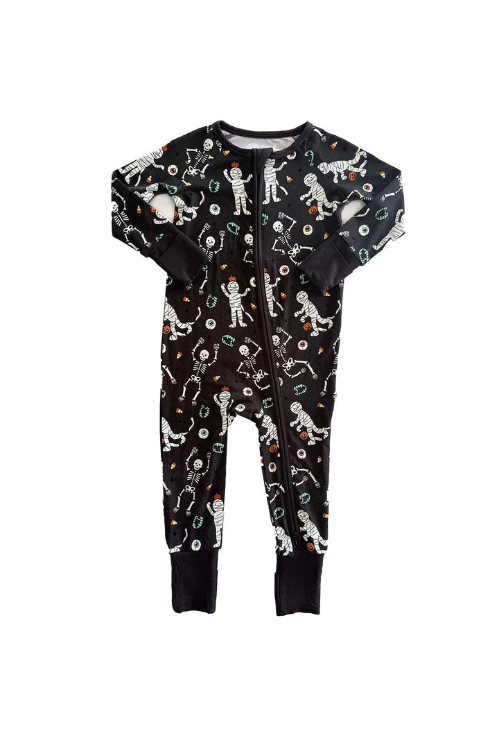 Caden Lane black zip-up skeleton and mummy print romper.