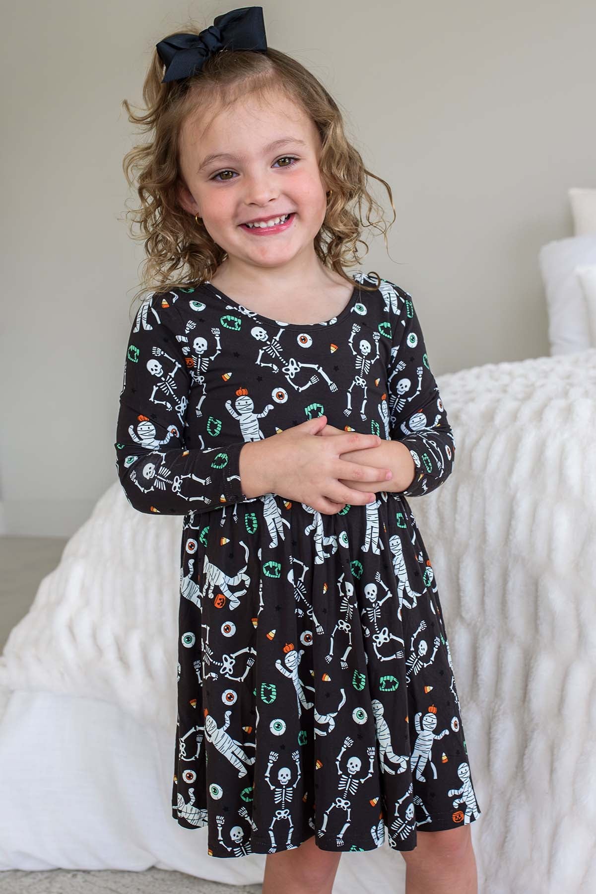 Girls' Glow-in-the-Dark Halloween Long Sleeve Twirl Dress | Eye Want Candy