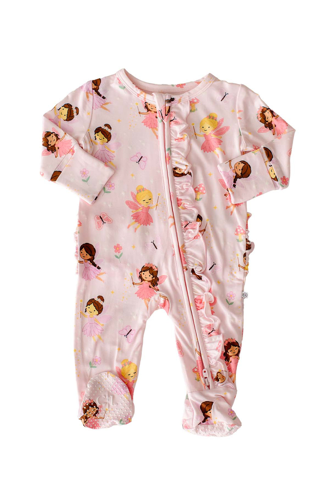 Flat lay of the Fairy Wishes glow-in-the-dark bamboo zipper ruffle footie in light pink with fairy print and ruffle along the zipper