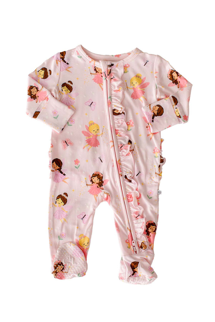 Flat lay of the Fairy Wishes glow-in-the-dark bamboo zipper ruffle footie in light pink with fairy print and ruffle along the zipper