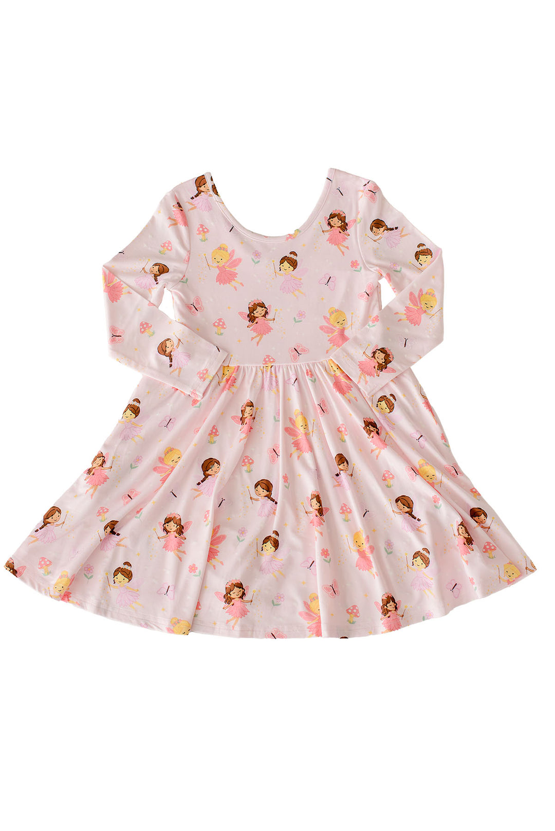 Flat lay of the Fairy Wishes long sleeve twirl dress in light pink with an all-over fairy and butterfly print