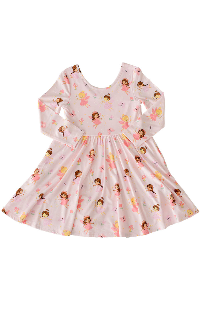 Flat lay of the Fairy Wishes long sleeve twirl dress in light pink with an all-over fairy and butterfly print