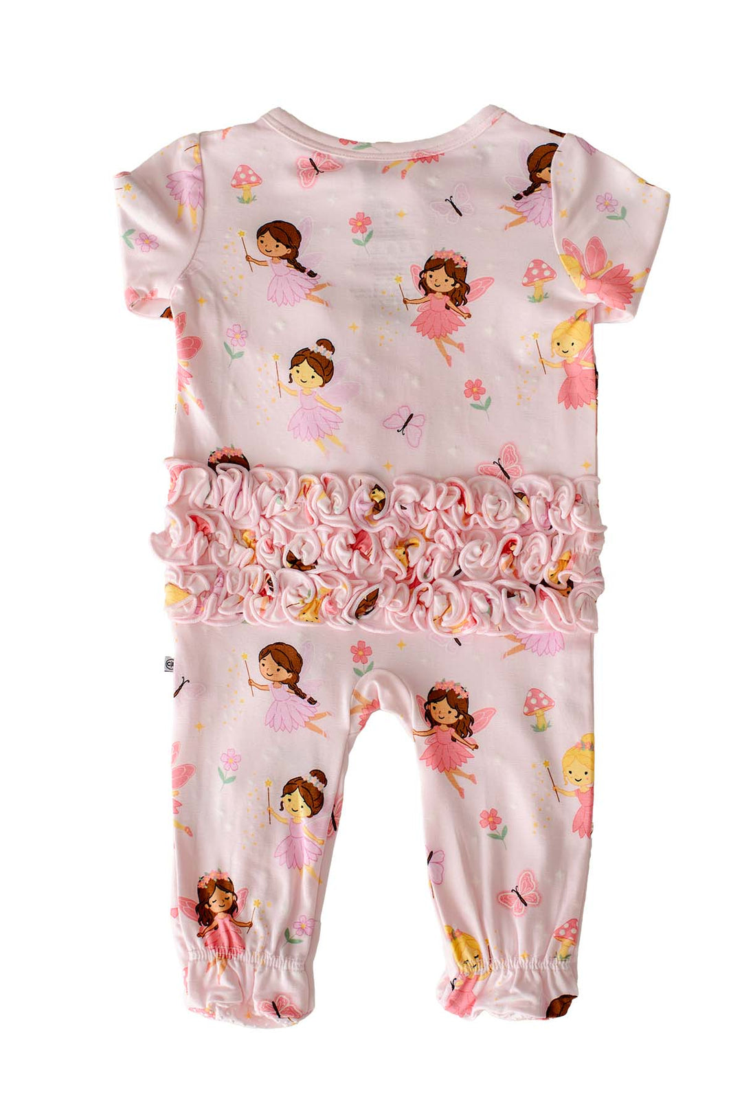 Back flat lay of a Fairy Wishes glow-in-the-dark bamboo one-piece in light pink fairy print with rows of ruffles across the seat