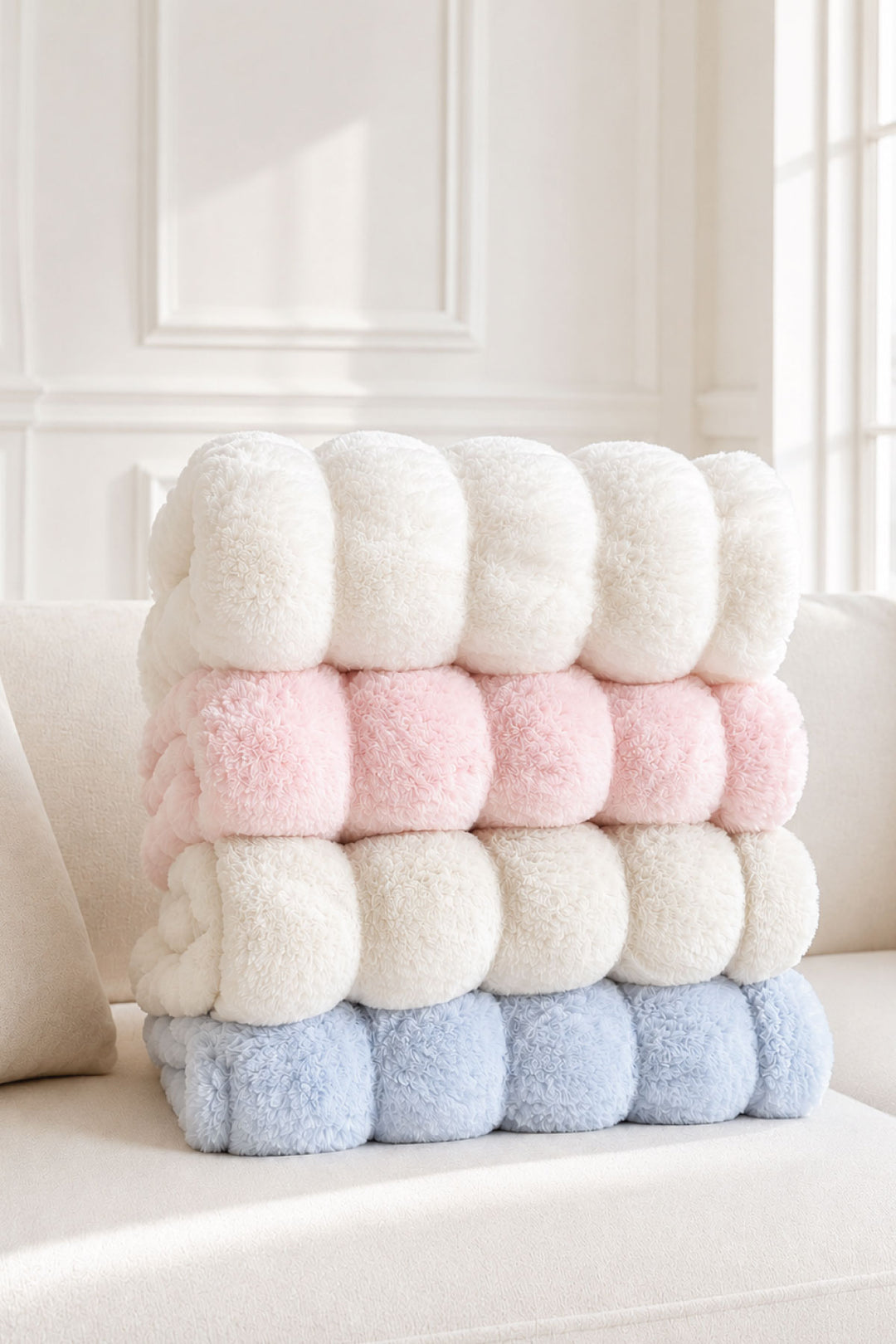 Stack of folded double-ruched faux fur baby blankets in cream, pink, cream, and blue layers on an armchair
