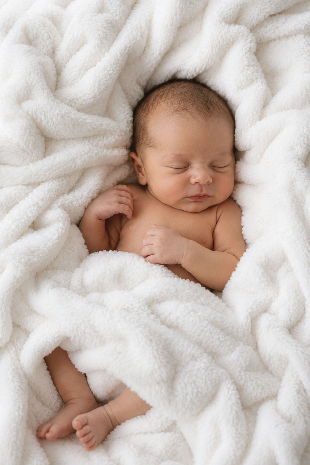Sleeping newborn baby lying on a winter white double-ruched faux fur blanket