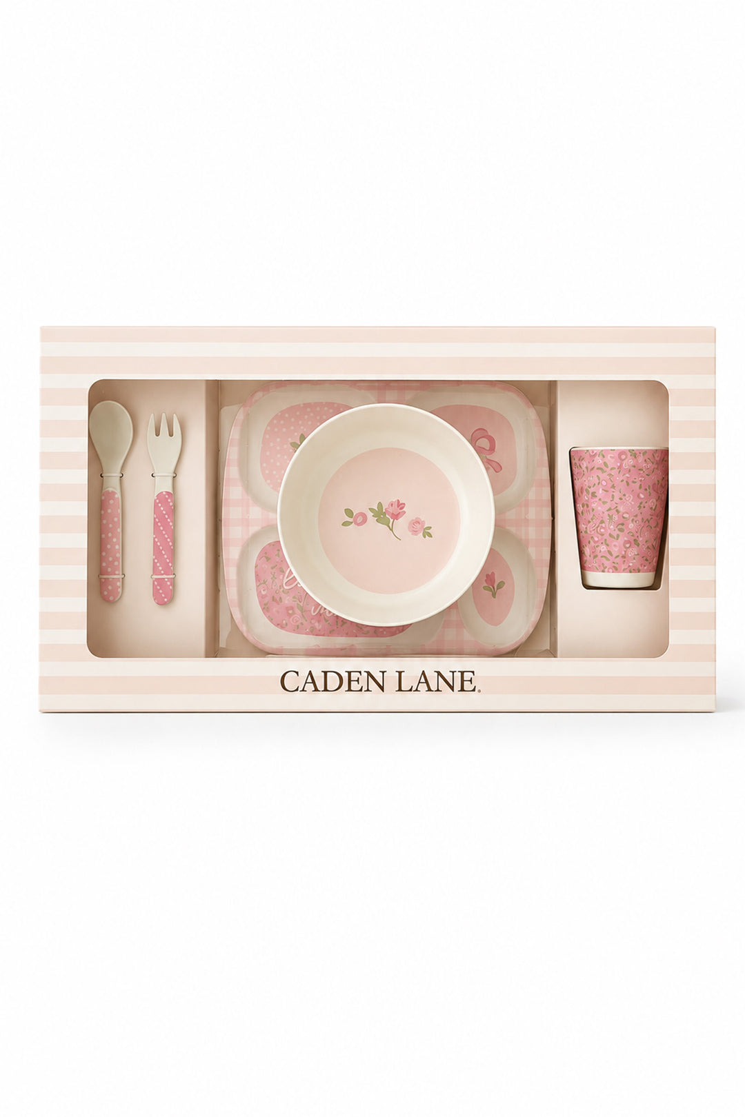 Caden Lane I Love You More feeding set in a striped gift box: pink floral divided plate, bowl, cup, fork and spoon