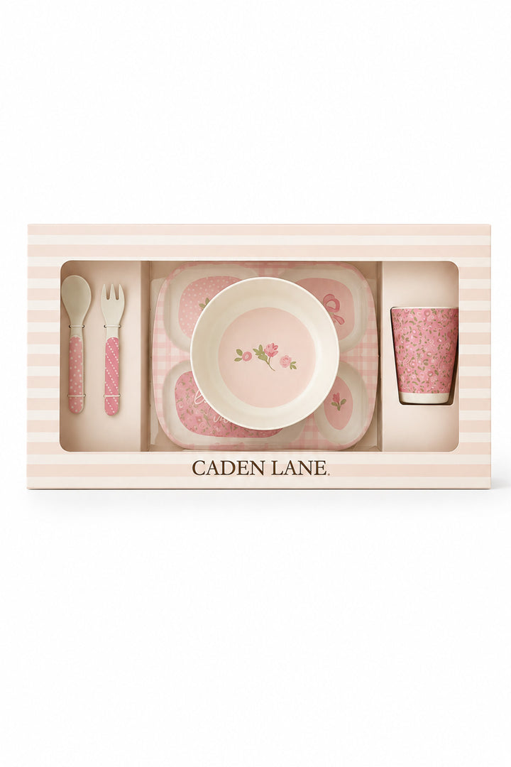 Caden Lane I Love You More feeding set in a striped gift box: pink floral divided plate, bowl, cup, fork and spoon