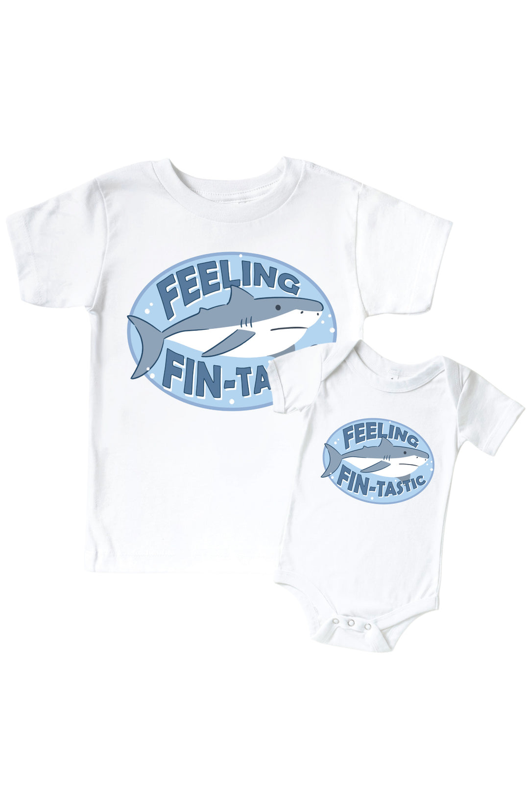 white feeling fin-tastic shark graphic bodysuit and kids tee