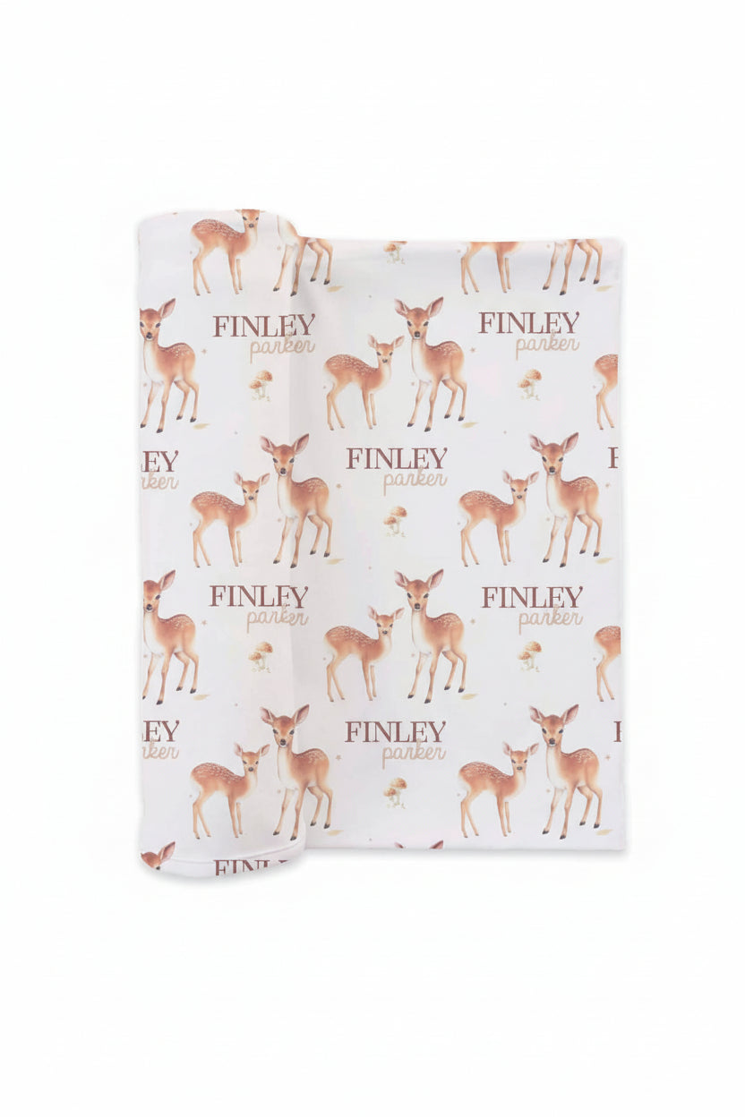 neutral deer and mushroom personalized swaddle blanket for newborns 