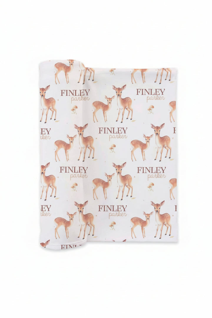 neutral deer and mushroom personalized swaddle blanket for newborns 