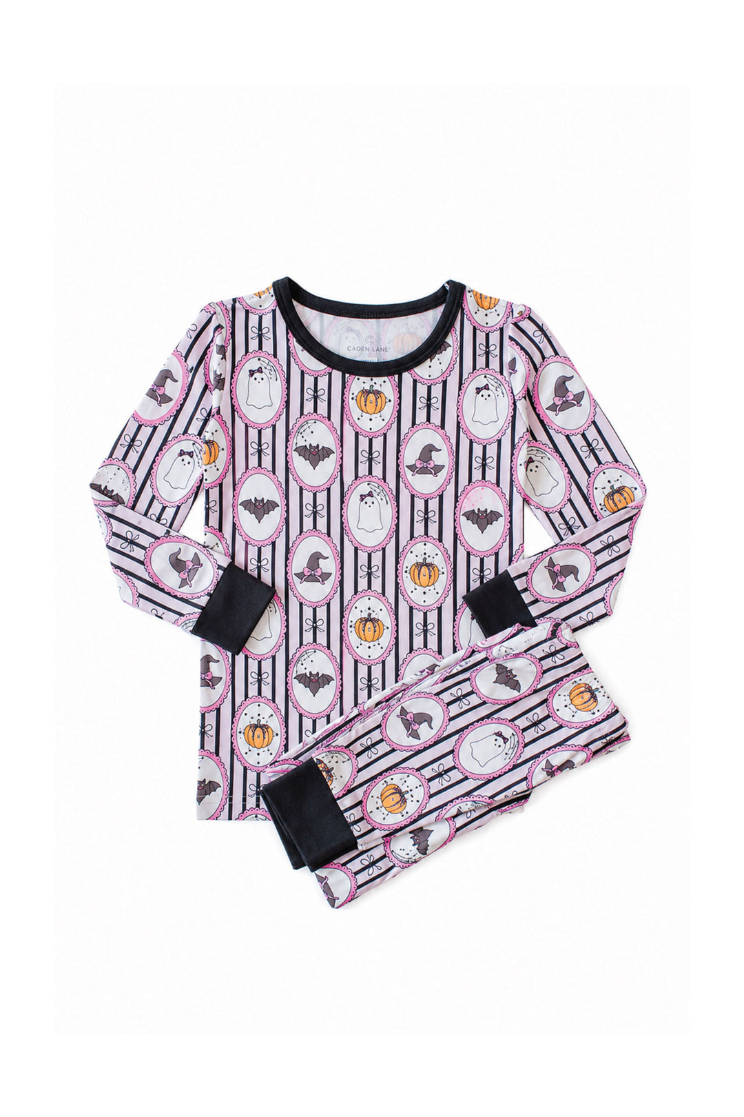 Caden Lane pink and black striped two-piece pajama set with ghost, bat, and pumpkin cameo print