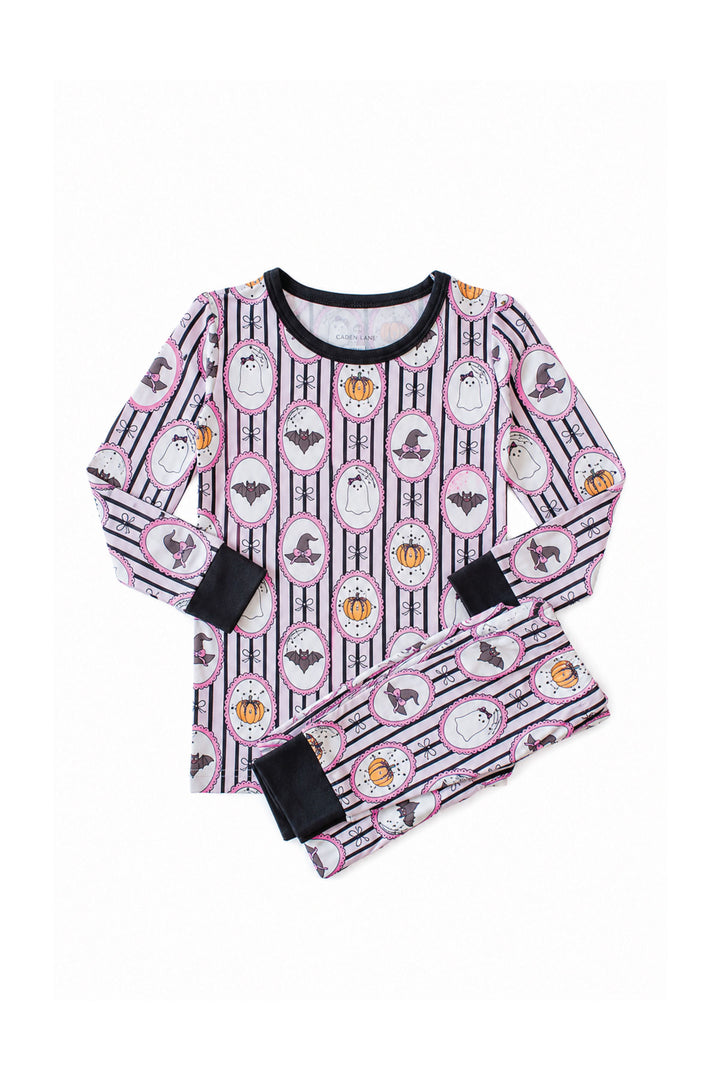 Caden Lane pink and black striped two-piece pajama set with ghost, bat, and pumpkin cameo print
