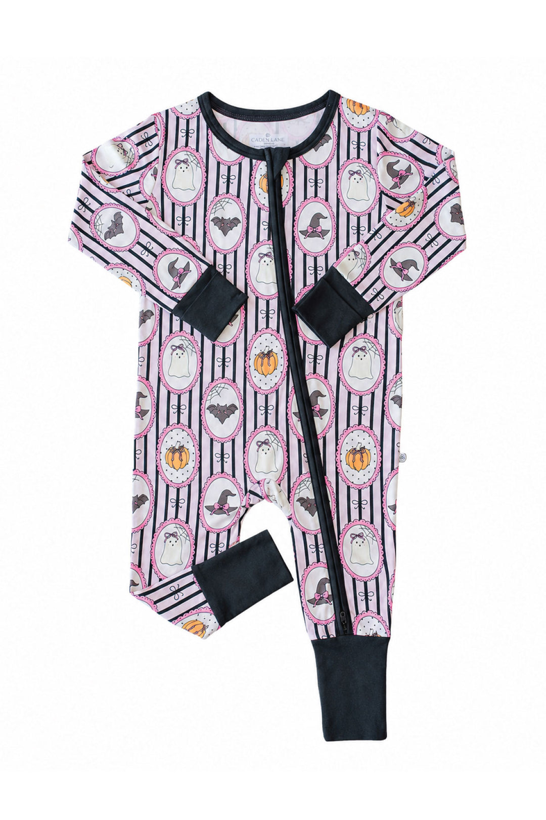 Caden Lane pink and black striped Halloween zip up romper with ghost, bat, and pumpkin cameo print. With black cuffs and zipper