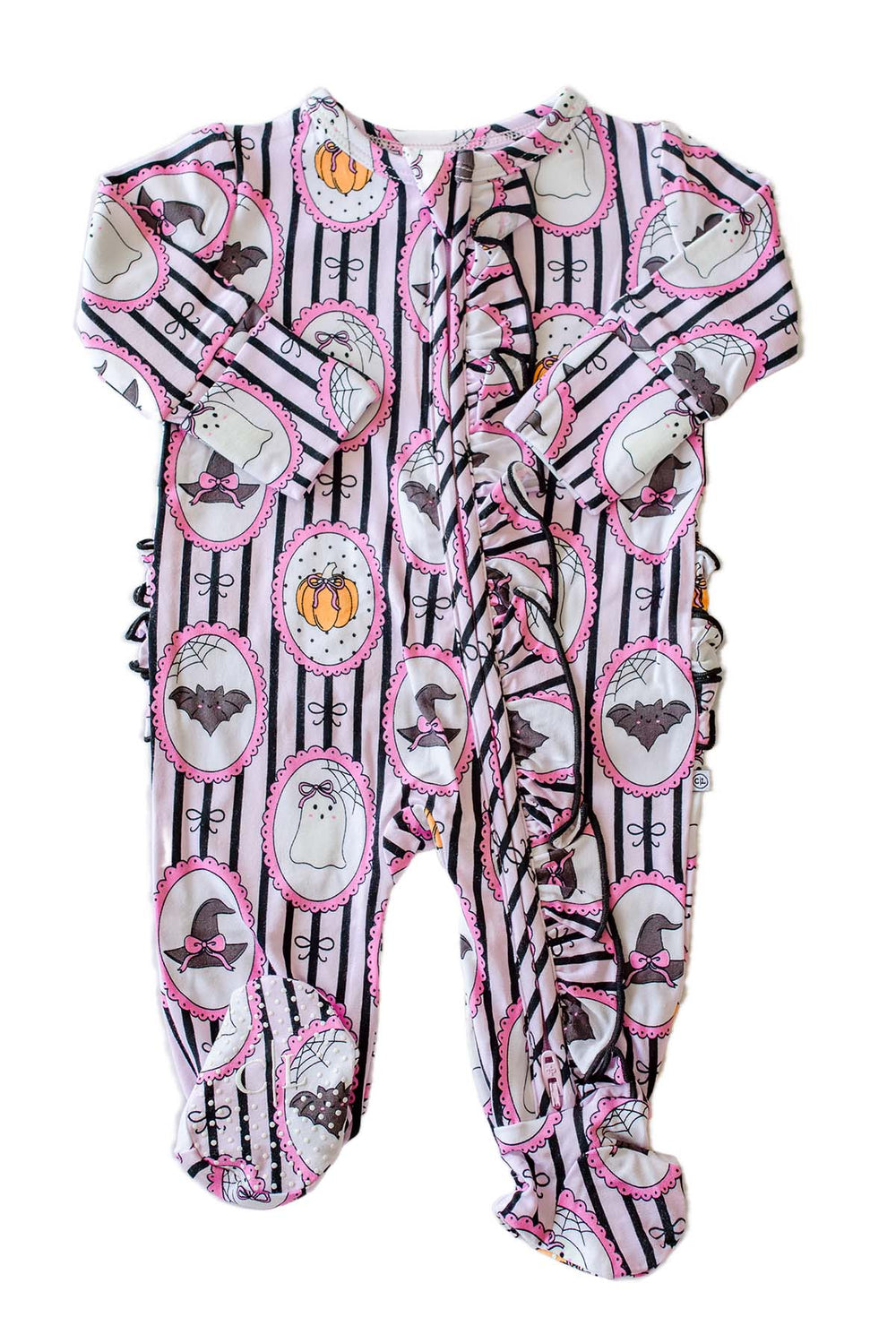 A baby footed one-piece romper with a Halloween print, featuring black and white vertical stripes, pink oval borders, and illustrations of ghosts, bats, witches, and pumpkins.