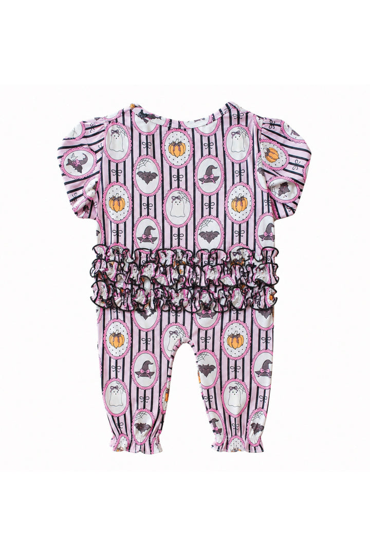 A baby girl's short-sleeve romper with a pink and black striped pattern, featuring Halloween-themed illustrations like pumpkins, ghosts, and bats, and a ruffled waistband.