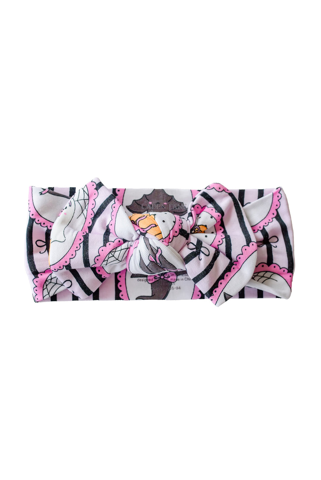 Caden Lane pink and black striped Halloween bow headband with ghost, pumpkin, and witch hat frame print
