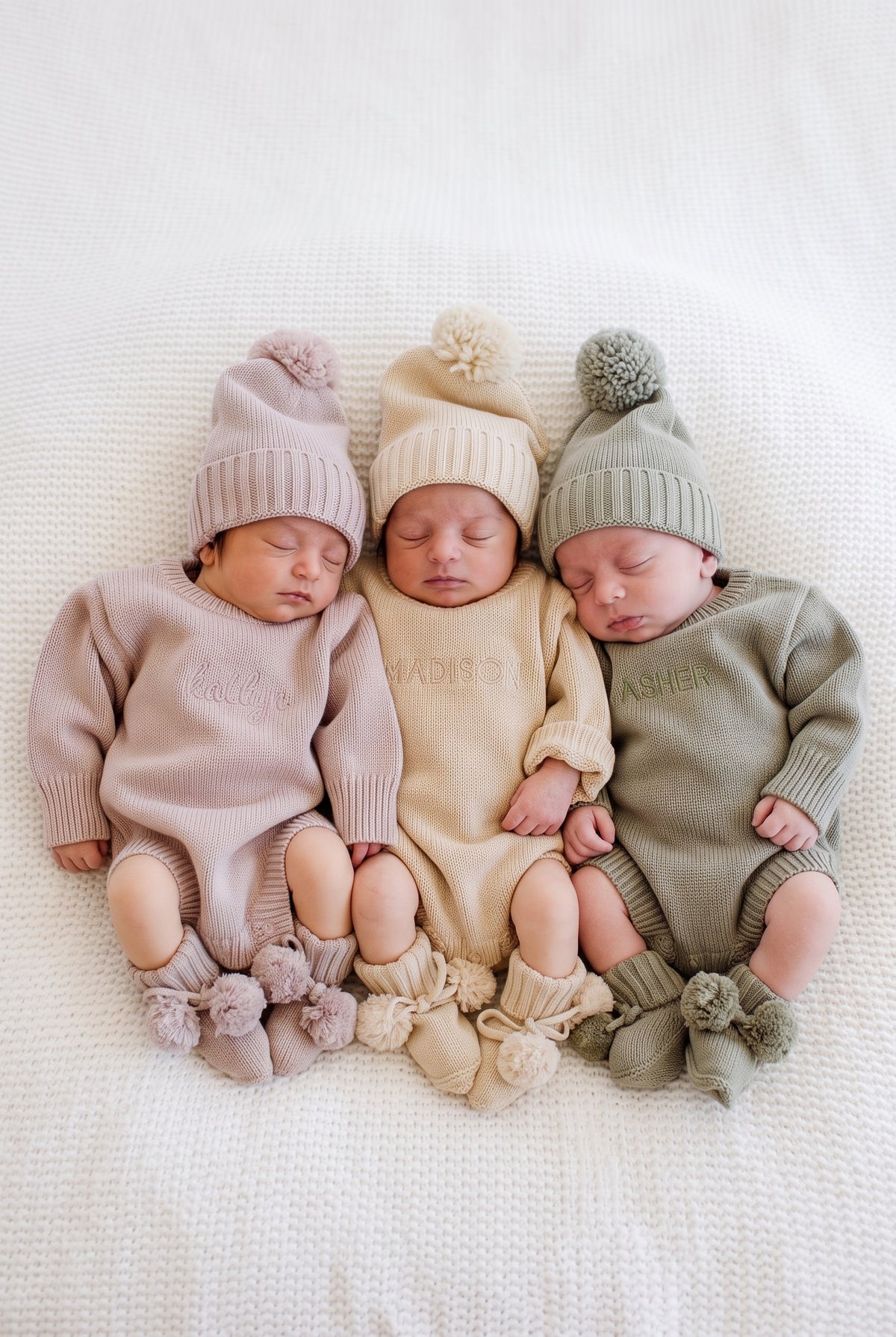 Three sleeping newborn babies lying side by side on a white textured blanket, wearing Caden Lane matching knit sweaters, pom-pom beanies, and booties in soft neutral tones of dusty pink, cream, and sage green.