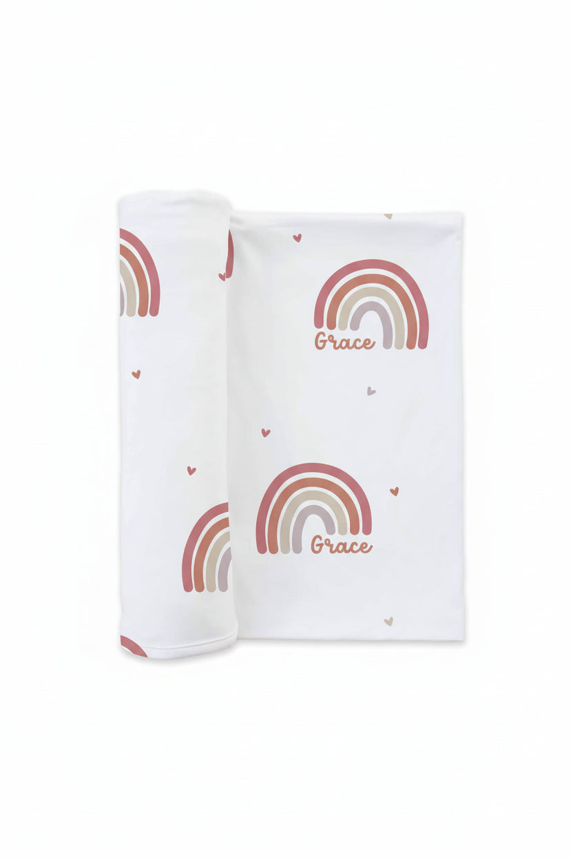 girlie rainbow personalized swaddle blanket for babies with hearts 