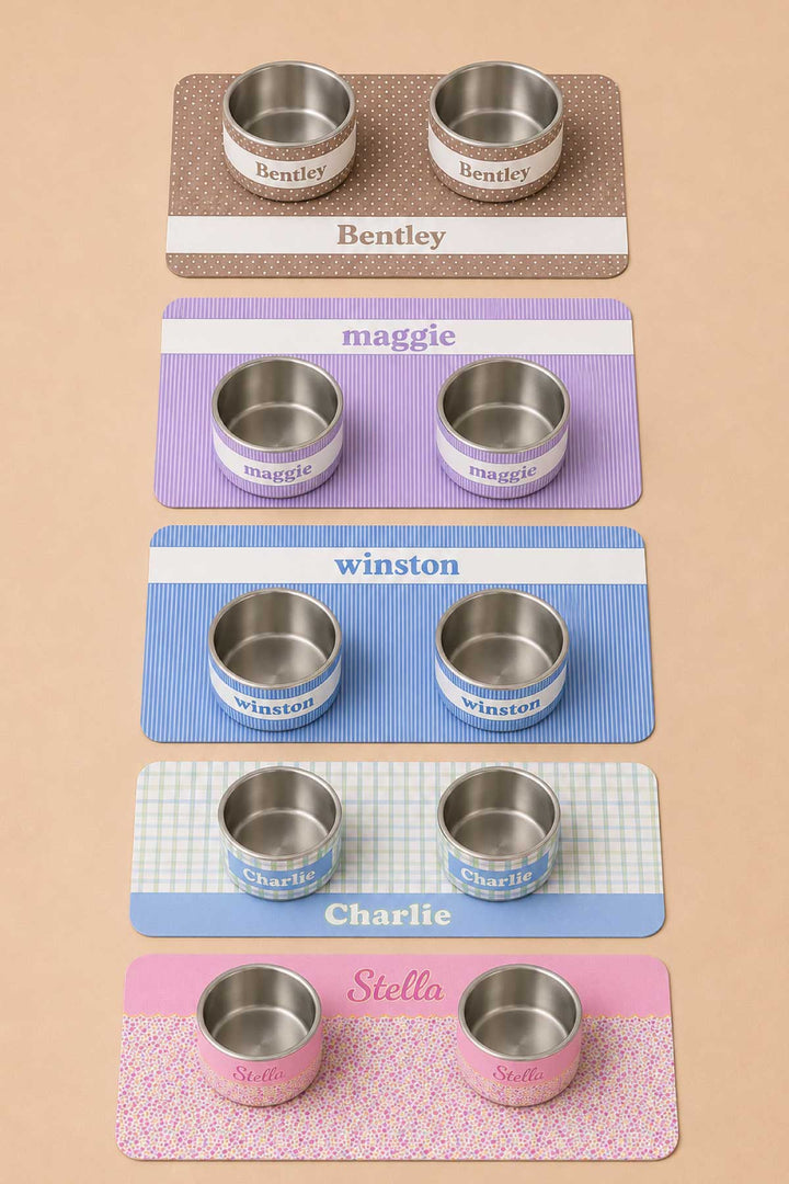 Group shot of five personalized pet placemats and double bowl sets in various prints and colors showing customization options