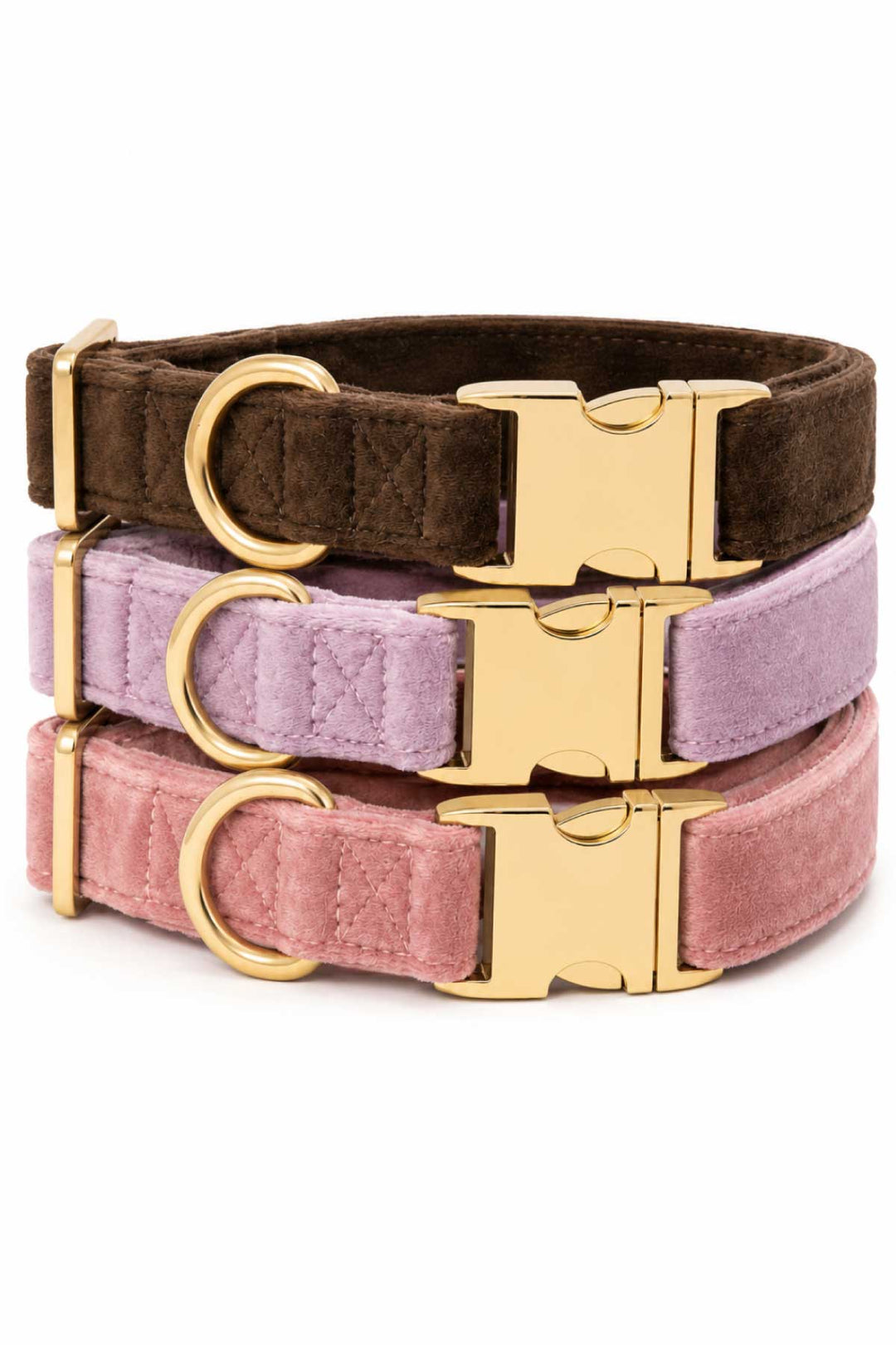 Three Caden Lane velvet dog collars stacked together in espresso brown, wisteria purple, and ballet slipper pink, each with gold hardware
