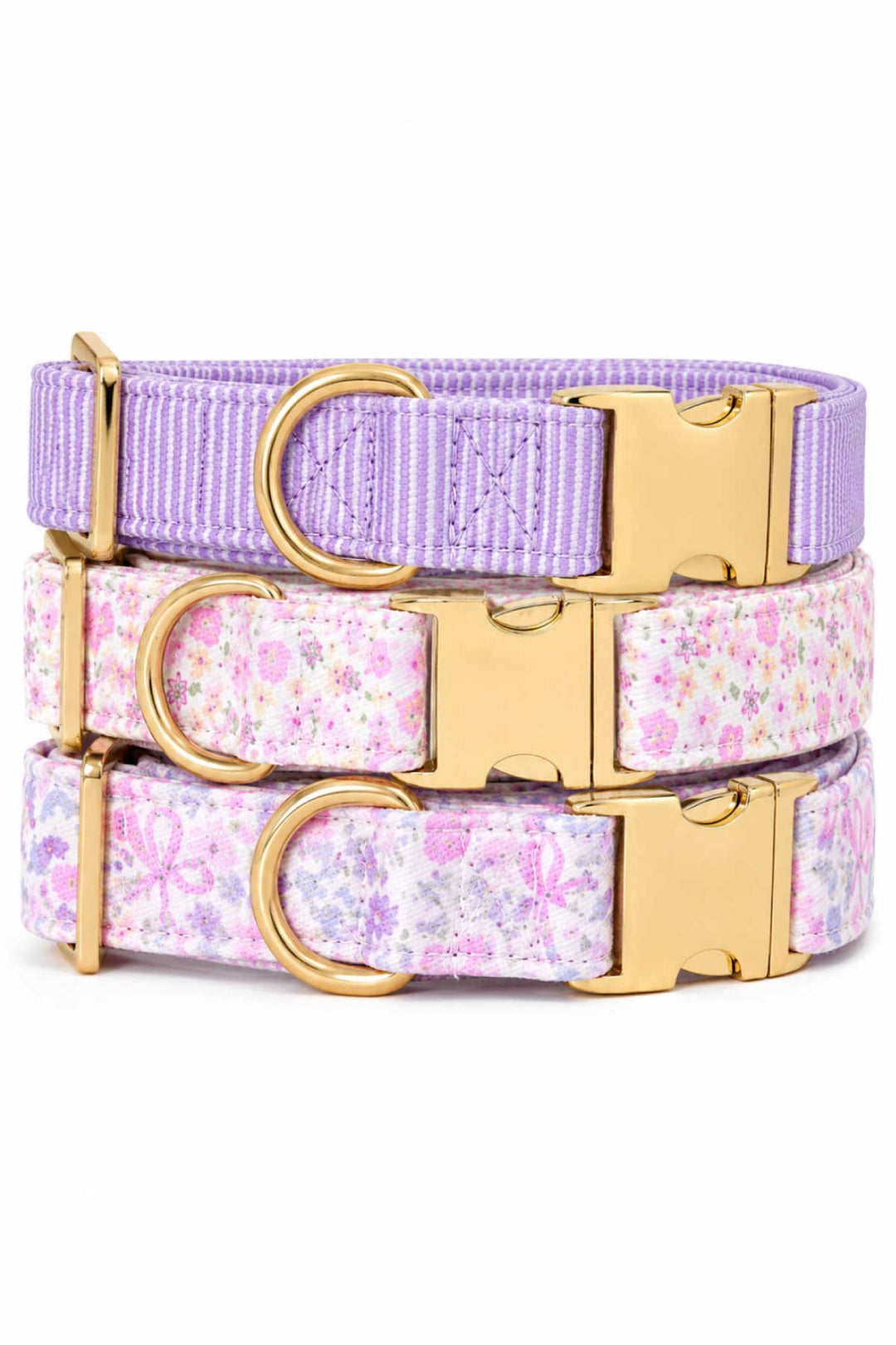 Lavender dog collar group shot showing personalized gold ID buckle engraved with dog name and phone number