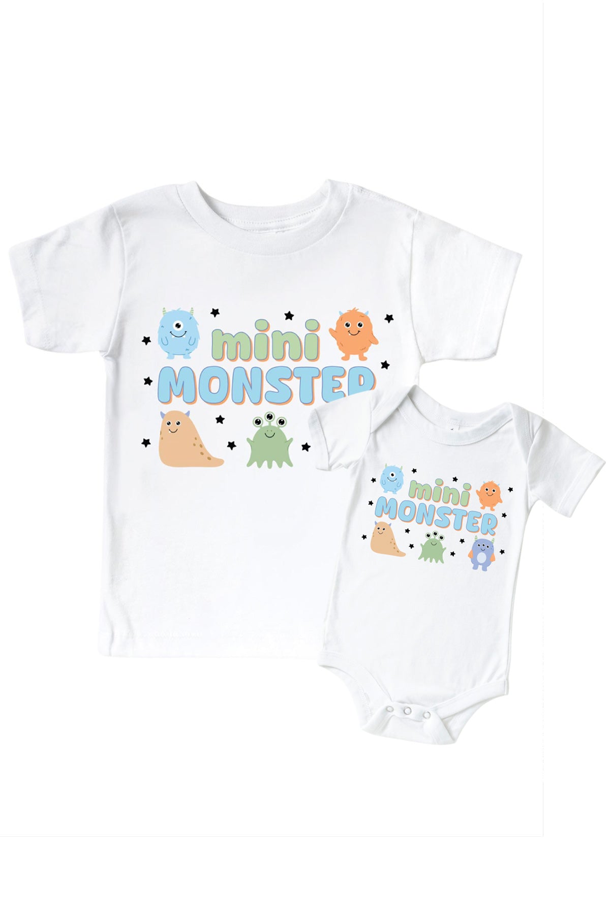 'Mini Monster' Baby Graphic Bodysuit or Kids' Graphic Tee | Mini Monster Blue