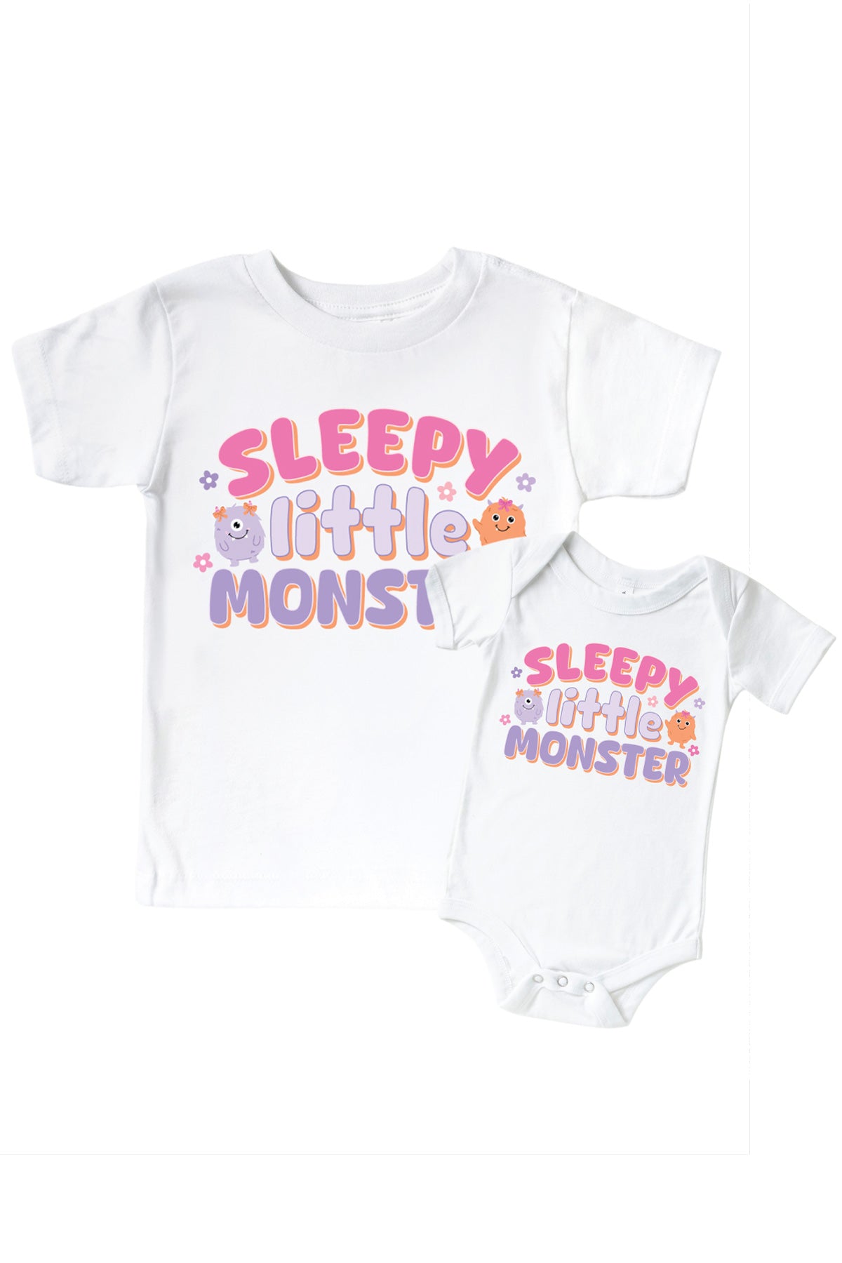 'Sleepy Little Monster' Baby Graphic Bodysuit or Kids' Graphic Tee | Mini Monster Pink