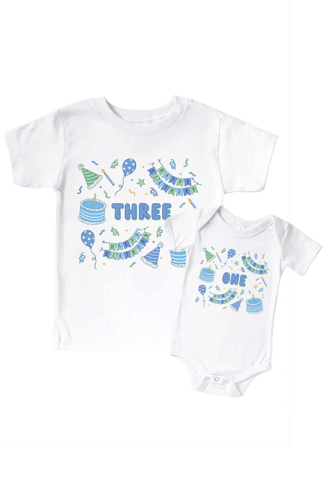 Caden Lane Birthday Bash matching sibling shirt set in white with "THREE" printed in blue bubble letters and "ONE" on the baby bodysuit, both surrounded by cake and party hat print in blue and green.