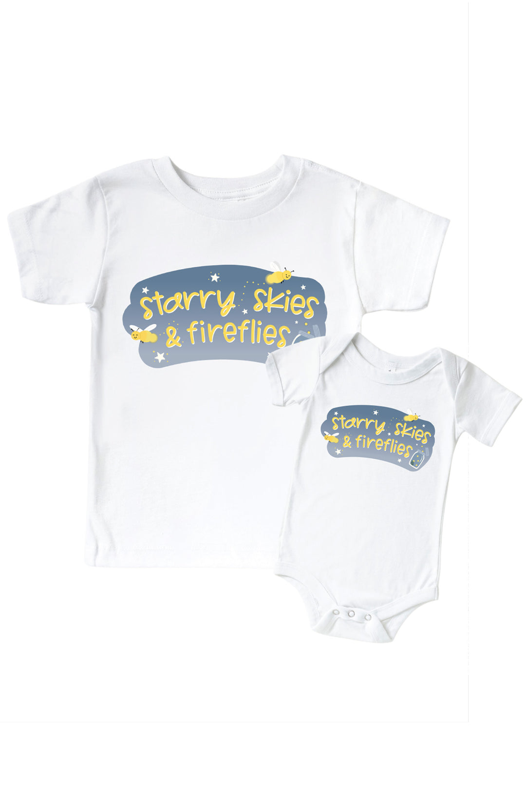 Matching set of a Caden Lane white graphic kids' tee and bodysuit with a "Starry Skies & Fireflies" graphic featuring fireflies, stars, and a glowing jar.