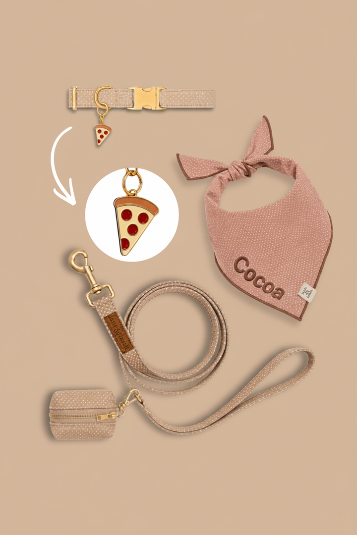 Neutral tan pet accessories flatlay on tan background with collar, bandana, leash, and poop bag holder, featuring a pizza slice charm highlighted in a circle callout